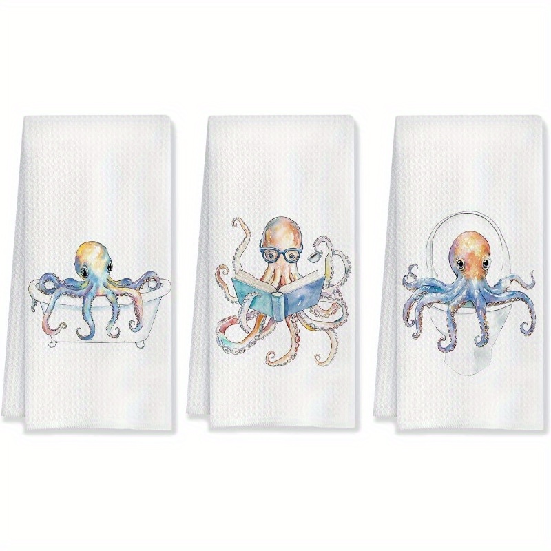 TEMU 3pcs 18&times;26 Inch Funny Octopus Towels Set Of Beach Decorative Hand Towels For Bathroom, For Women Men Her Girls Teachers Adults