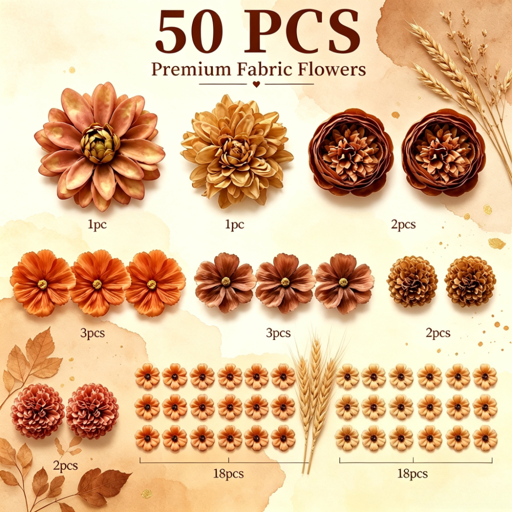 TEMU 20/50pcs Têtes de fleurs artificielles en tissu d'automne, assortiment de têtes de fleurs artificielles d'automne pour l'artisanat, la