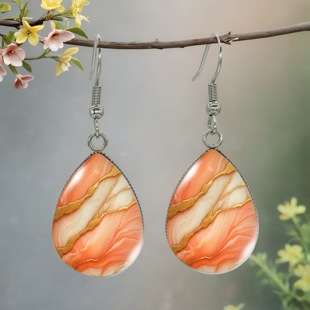 E-shop 1 Paar exquisite orange-goldene texturierte Ohrringe – Hochwertiger Künstlerischer Marmormuster-Anhängerschmuck, exquisites Geschenk