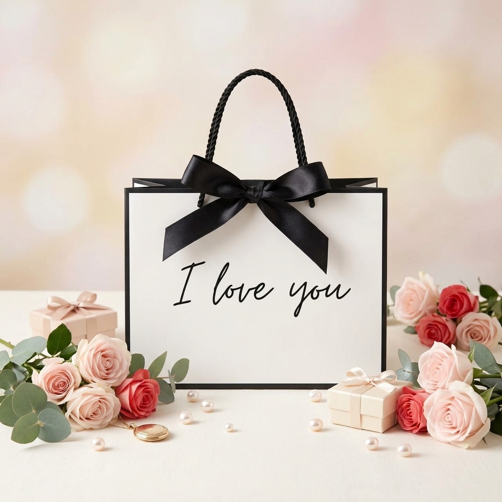 TEMU Cadeau Pour Elle/Lui 1pc en Papier 'I Love You' Léger Pliable Fond Large Sac de Courses Sac à Main avec Ruban Nœud Corde Noire Blanc Sac