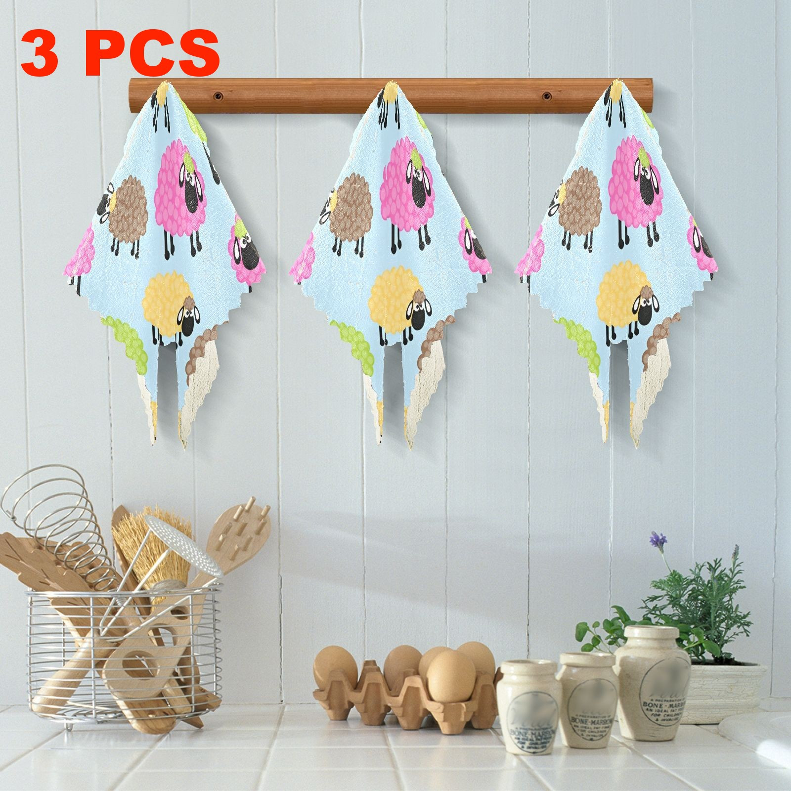 TEMU 3/6/10-pack Kitchen Dish Towels With Cartoon Sheep Pattern, Reusable Cleaning Cloth, Microfiber Scouring Pad, Absorbent And Easy To Clean Thick