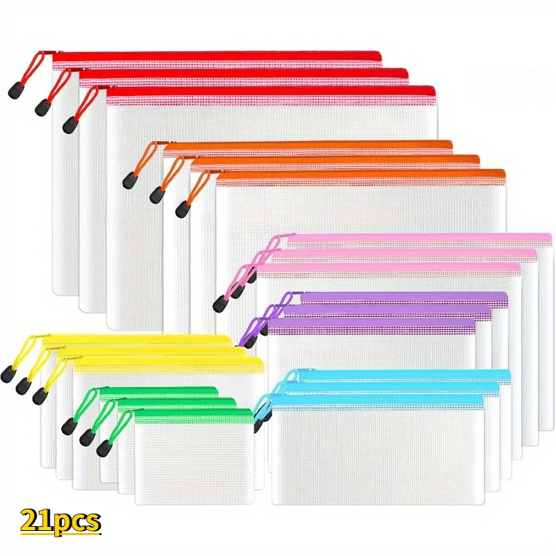 E-shop 21-teiliges Set (21 Stück) Mehrgrößen Mesh-Reißverschlussbeutel - Front & farbcodierte Reißverschluss-Ordner geeignet für die Organisation von
