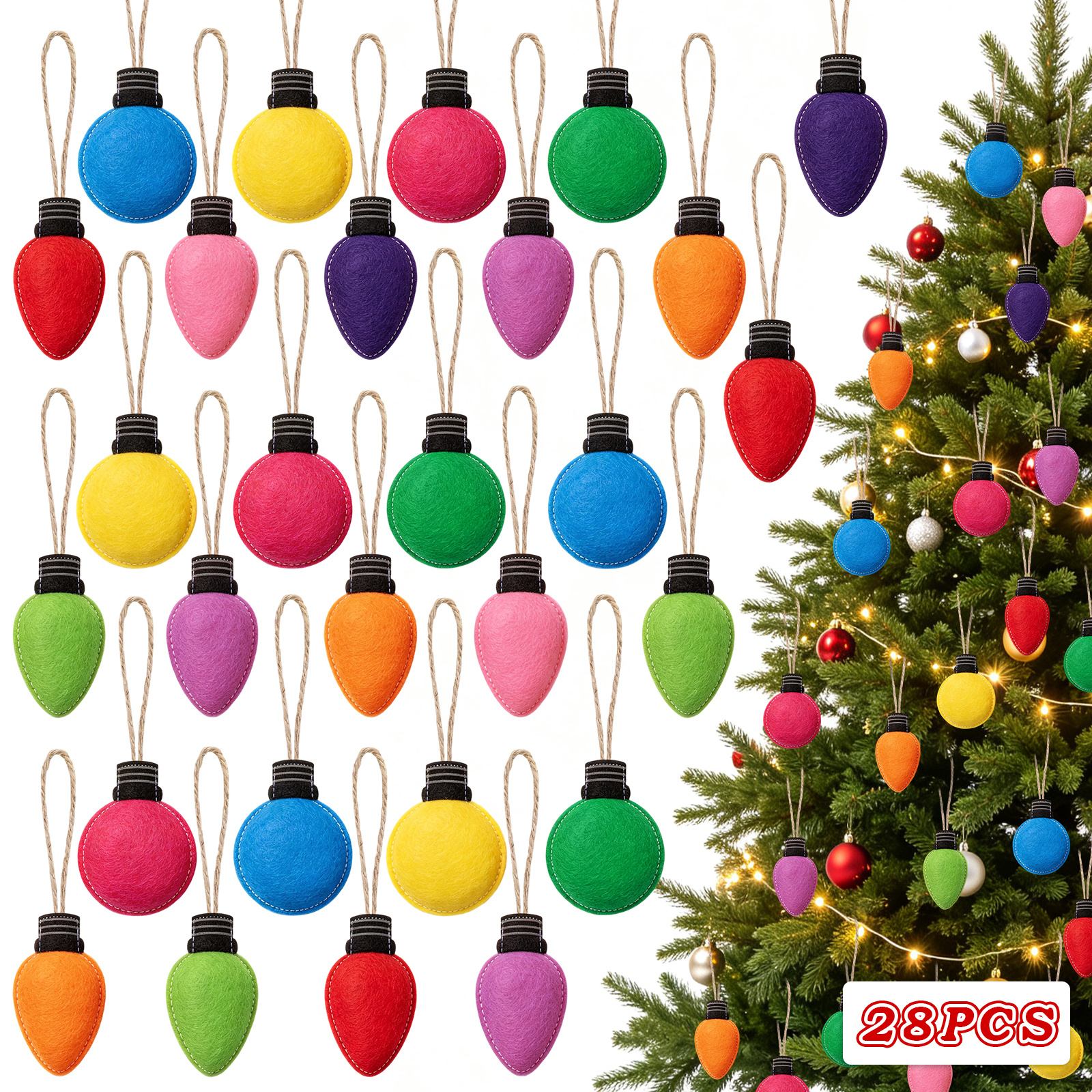 TEMU 28pcs Felt Christmas Tree Ornaments- 3d Light Bulb Shaped Hanging Decorations With Twine Loop For Party Supplies- Party Small Gifts, Multi-item