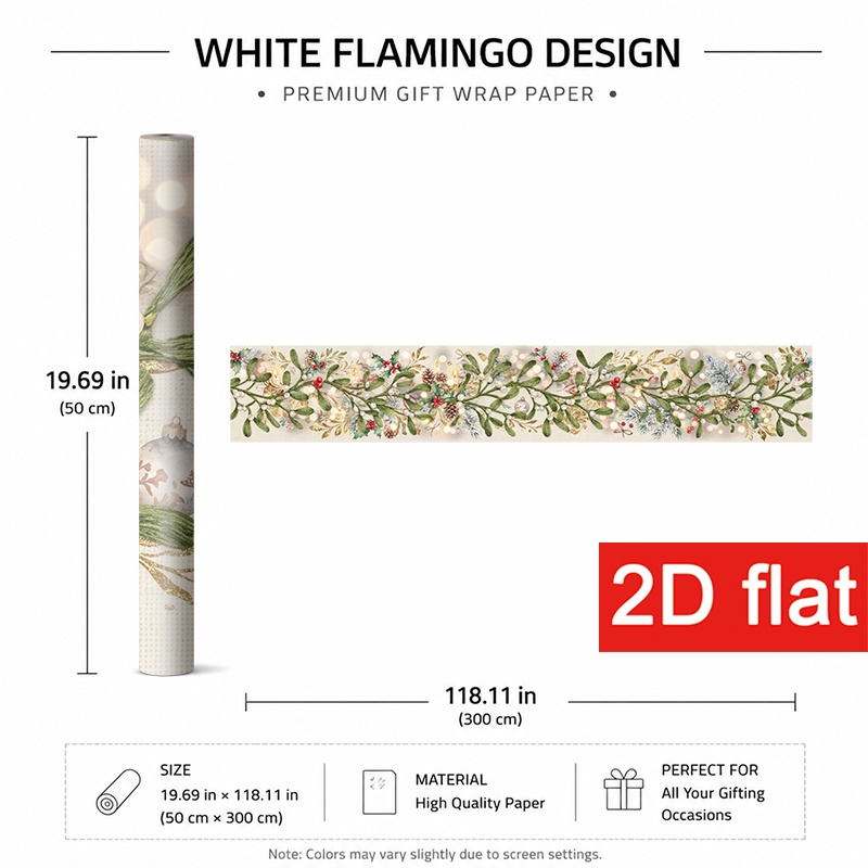 TEMU Papier Cadeau de Noël Vintage 2D Plat 1 Rouleau 50x300cm (19.7x118.1in) pour Fête d'Année, Papier d'Emballage Cadeau d'Hiver avec Élégant Gui et