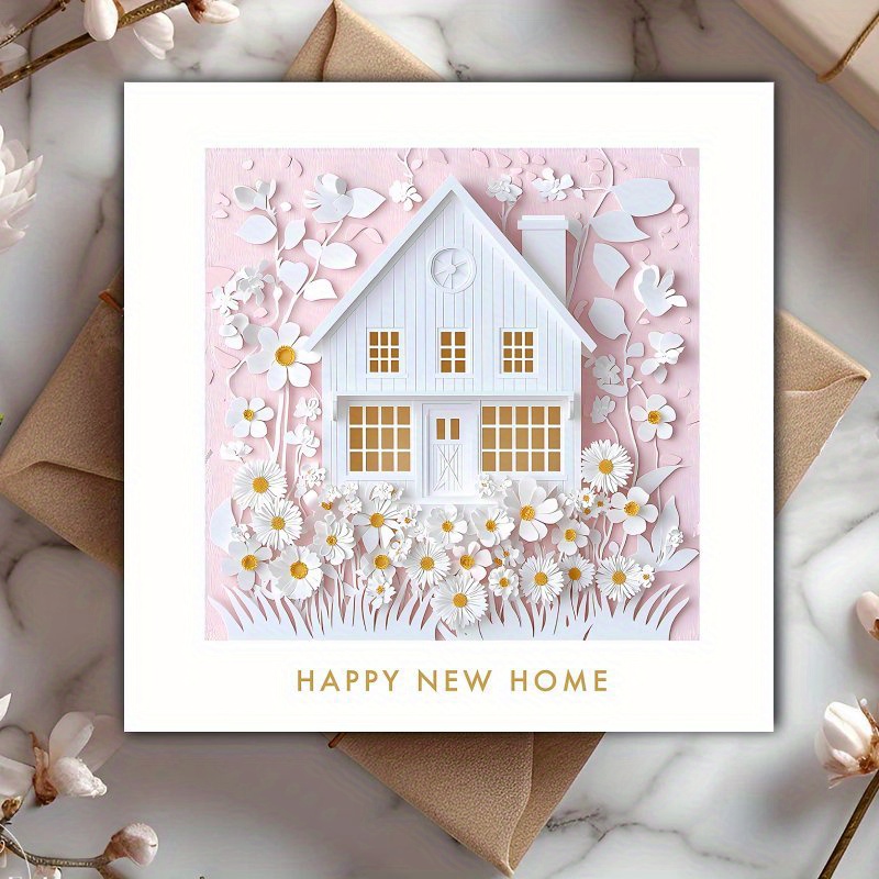 TEMU 1 Housewarming Greeting Card - Adorable Pink And White Floral Cottage, For , Suitable As A Moving Gift/birthday/wedding Paper Card For , Family,
