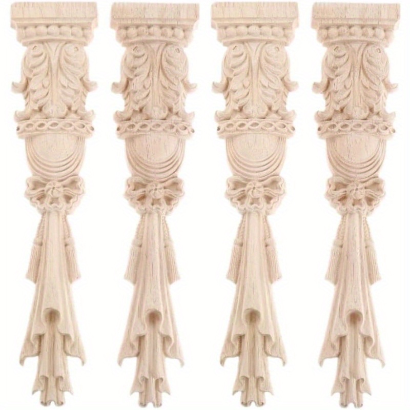 4pcs Wooden Carved Inlay, Unpainted Carvings Decorative Lines for Windows Door Frame Roman Column Wall Shelf Vanity Fireplace Surrounding Decoration, 30x7cm/11.81x2.76in
