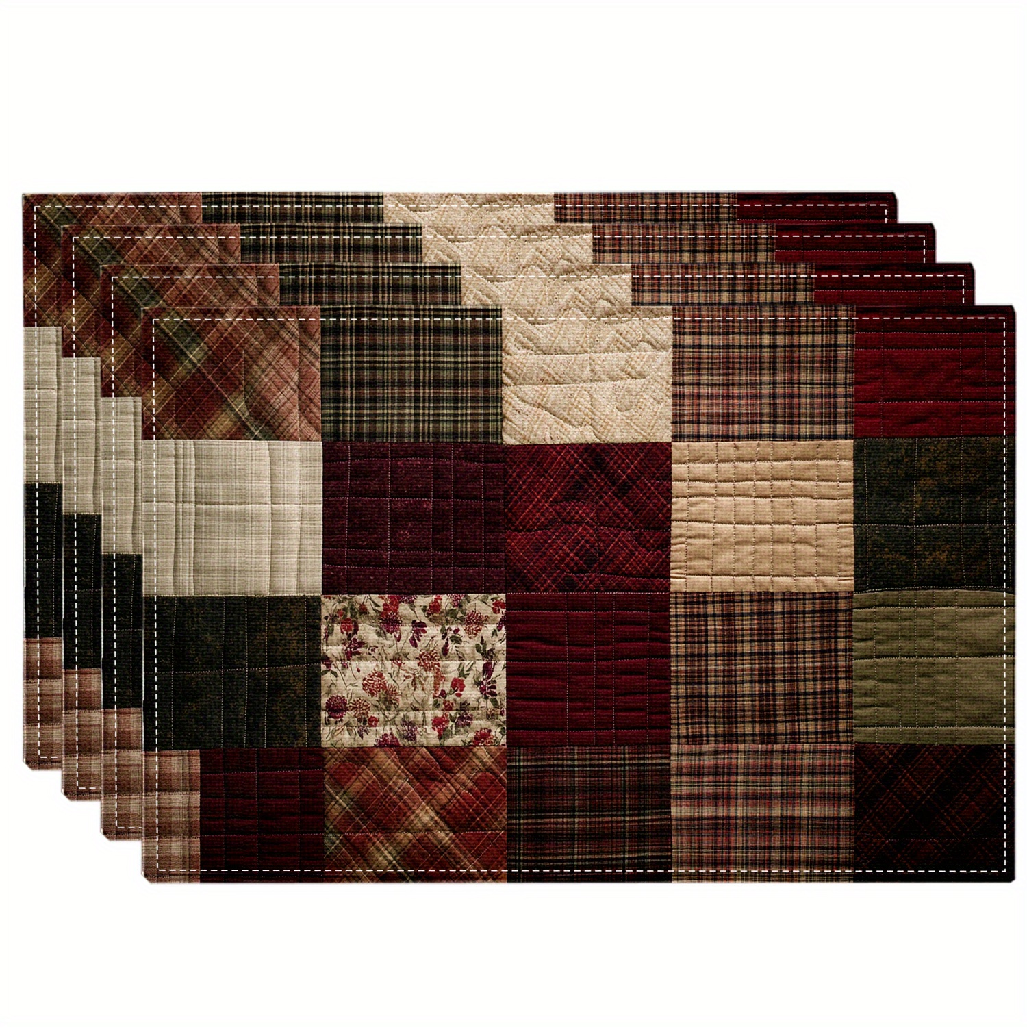 TEMU 4pcs Linen Placemats 18x12 Inch( 45x30cm) - Quilted Burgundy & , Machine Washable Rectangular Table Mats For Kitchen Dining Room Holiday Decor