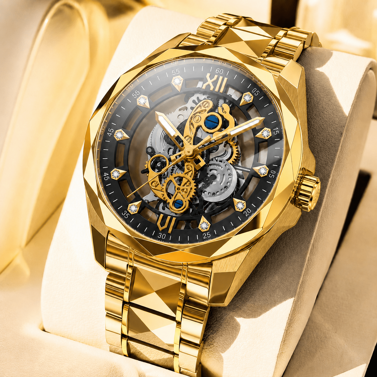 TEMU Luxury Men' Skeleton Watch, Full Golden Stainless Steel Bracelet Wristwatch, Roman Hollow Dial, Business Dress Watch For Men