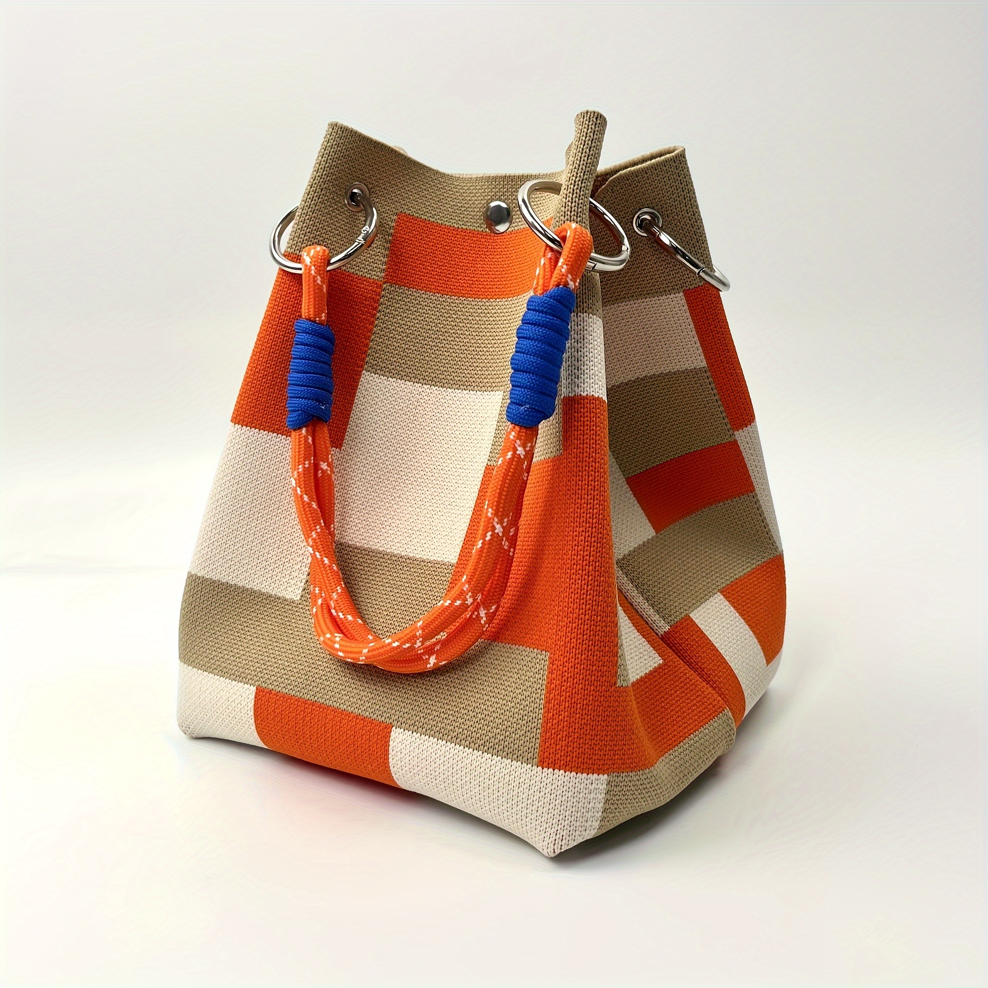 TEMU [women's Handbag] Vintage Contrast Geometric Knit Bucket Bag Women's Casual All-match Tote Bag Large Capacity Daily Underarm Bag Yellow Blue