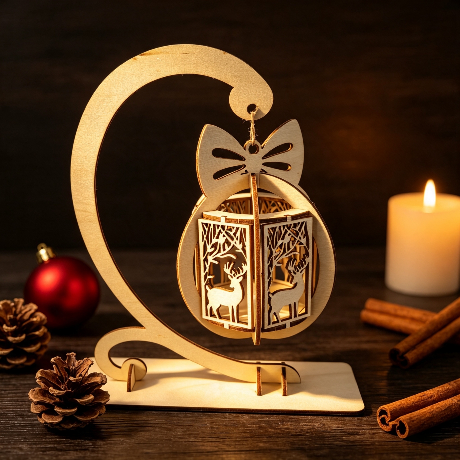 TEMU Décoration de lanterne en bois de Noël, veilleuse de bougie découpée au laser, ornement de lanterne pour décoration de cadeau de fête de Noël à