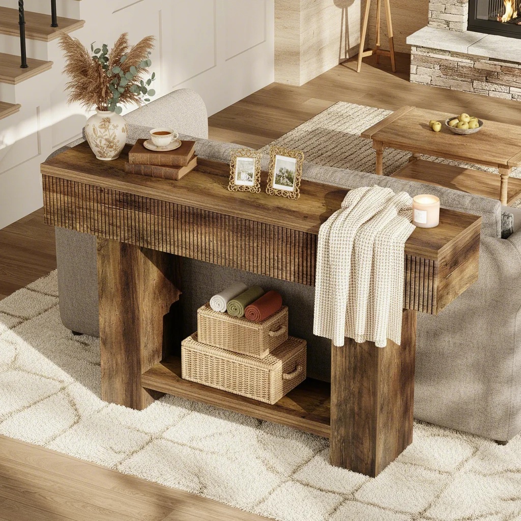 55-Inch Entryway Table with Storage, Farmhouse 2-Tier Console Table for Behind Couch, Rustic Wood Accent Table for Hallway Living Room Foyer (1pc)