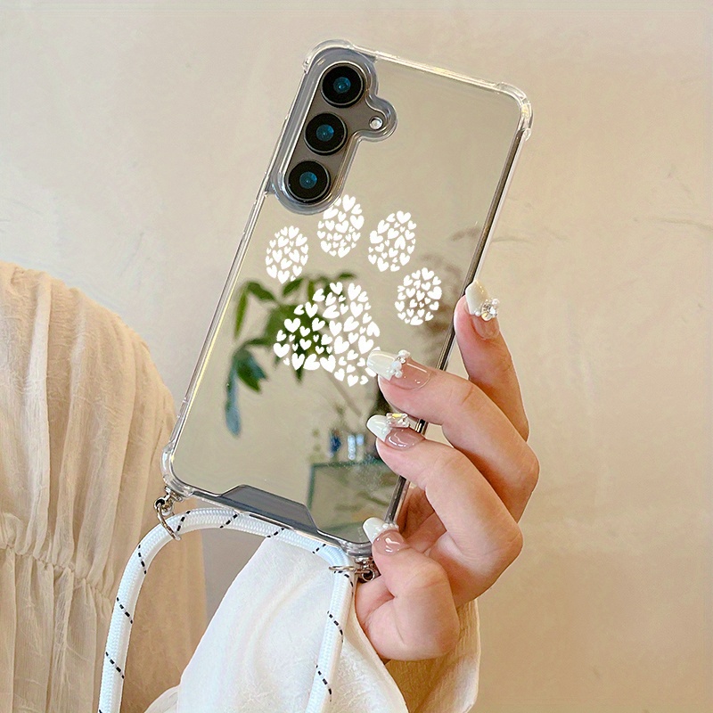 E-shop Handyhülle: Neue modische, kreative, allumfassende, stoßfeste, multifunktionale Hundepfoten-Muster-Spiegel-Lanyard-Handyhülle für Galaxy S25 S24