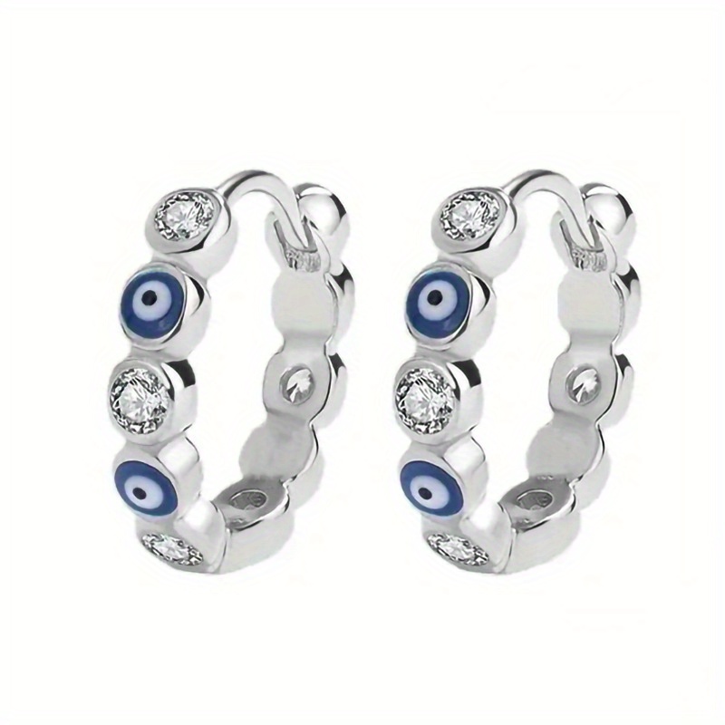 TEMU Silvery Hoop Earrings Royal Blue Evil Eye Charm Dual-texture Stackable Jewelry For Daily Gala