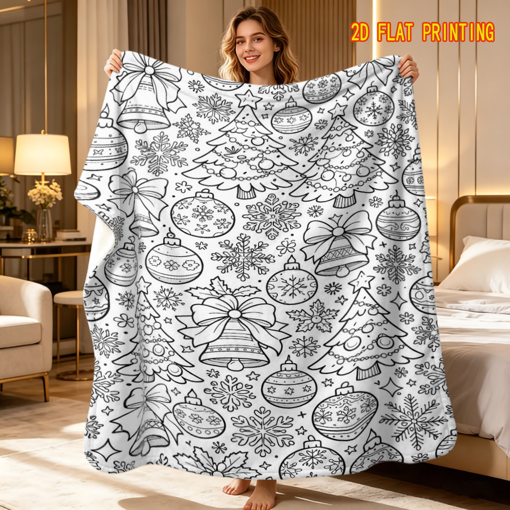 TEMU A Coloring-by-numbers Stress-relief Hand-painted Style Flannel Blanketâchristmas Tree Snowflake Flannel Blanket, With Christmas Trees, Bells,