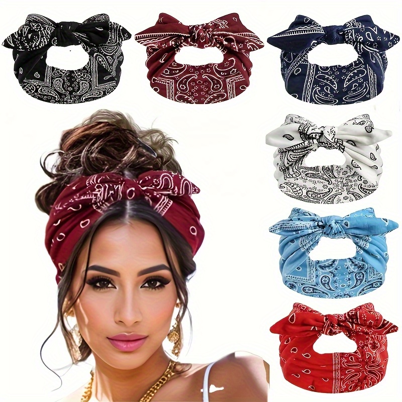 TEMU Set Of 6 Bohemian-style Headbands Featuring Paisley Flowers And Bows, Made With Loose Elastic. In : Sky Blue, Black, Navy Blue, Burgundy, White,