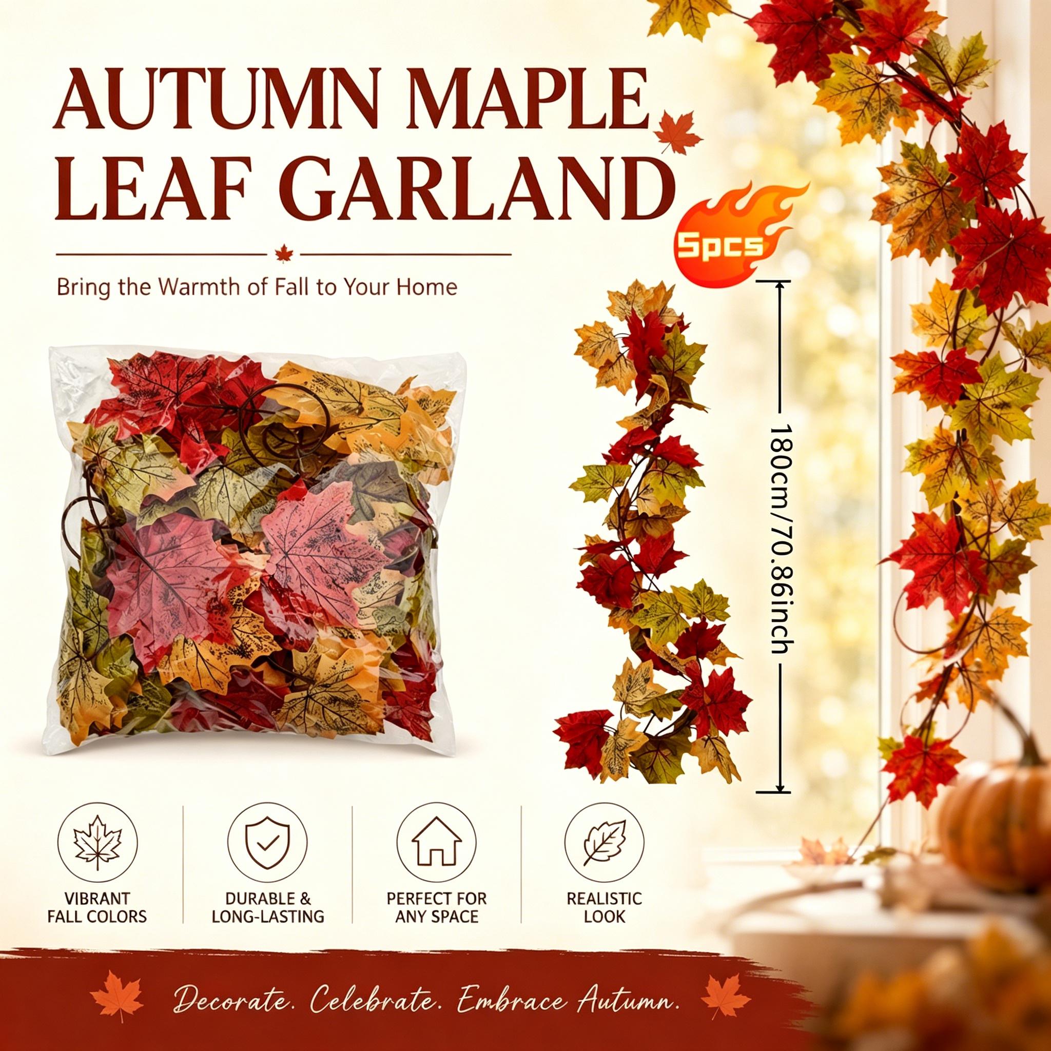 TEMU 5pcs Realistic Autumn Maple Leaf Vine Decorations, Single Strand Length 70.86 Inches, Vibrant Artificial , Durable Hanging Vines, Suitable For