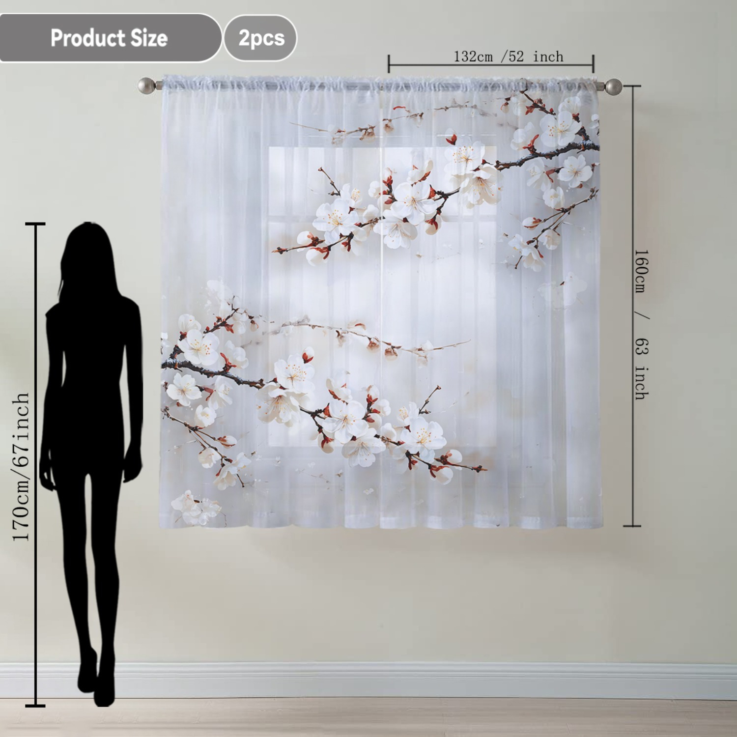Image of 2pcs Home Decoration Curtain White Diagonal Wax Plum Floating Window Curtain Suitable For Kitchen, Coffee Shop, Living Room, Dining Room, Balcony, Garden, Bedroom