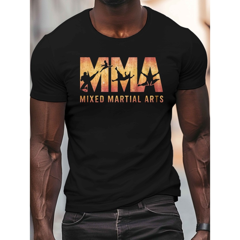 

Men's Mma-inspired Graphic Tee - Lightweight Polyester, Crew Neck, Short Sleeve With Martial Arts Silhouette Print - Ideal For Summer Casual Wear