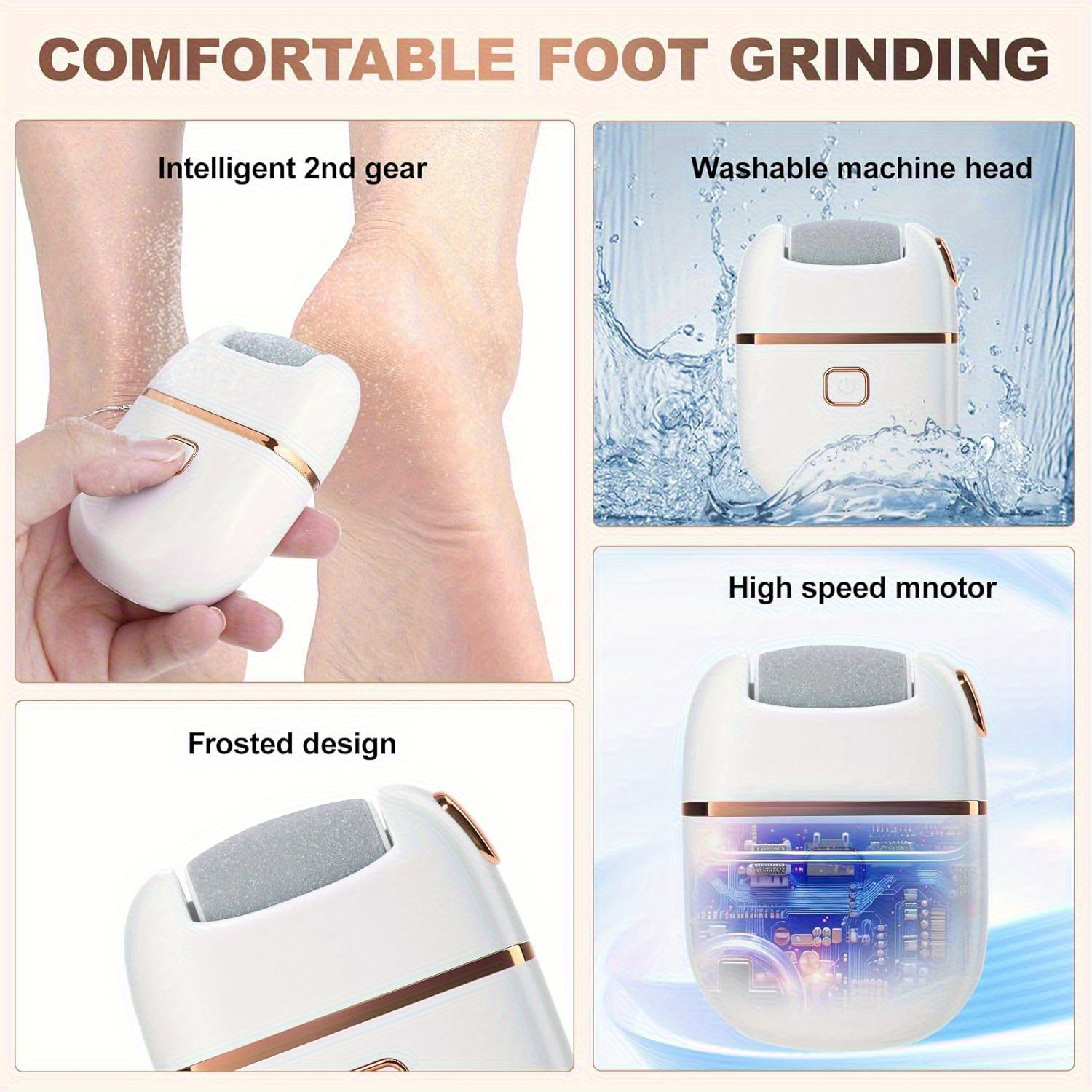 Foot Reflexology Foot Dermabrasion File- Portable and Easy to Use with 3 Replaceable Heads Smooth Feet, Thick Polishing and Cracked Light Beige Care, Sander, Grinding