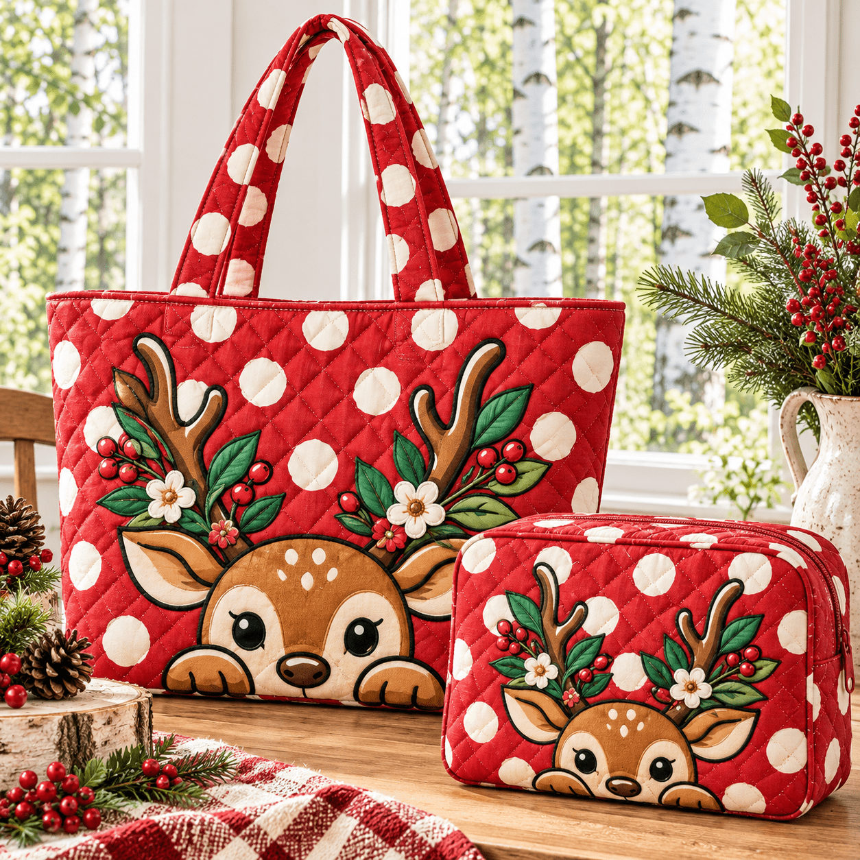 TEMU 2pcs Women's Christmas Reindeer & Holly Quilted Tote Bag With Matching Pouch - Red Polka Dot Lightweight Handbag, Zipper Closure Suitable For