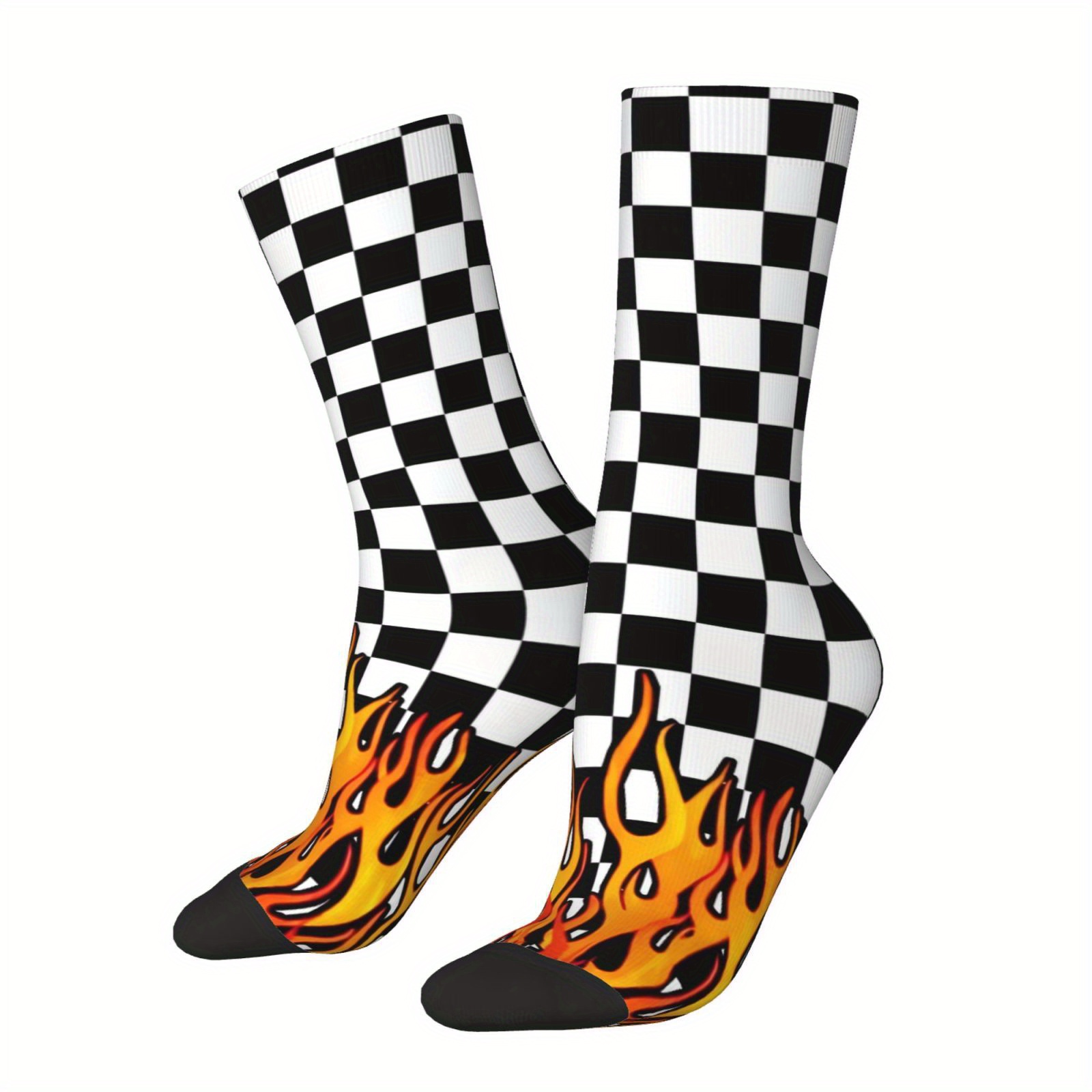 TEMU A Pair Of Unisex Outdoor Socks, Black And White Plaid Flame Pattern Printed Mid-calf Socks, Machine Washable, Suitable For Outdoor Sports