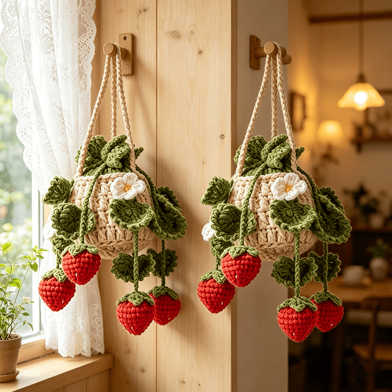 TEMU 2pcs Handmade Crochet Strawberry Plant Car Hanging Ornament, Hand-knitted Interior Car Decor, Fresh And Cute, Home Hanging Decoration, Room