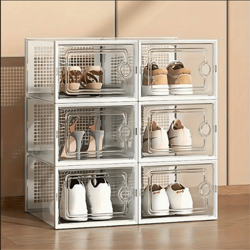 Shoe Storage Box, 6pcs Shoe Box Clear Plastic Stackable, Sturdy Foldable Shoe Organizer Containers With Magnetic Door For Entryway Bedroom Living Room
