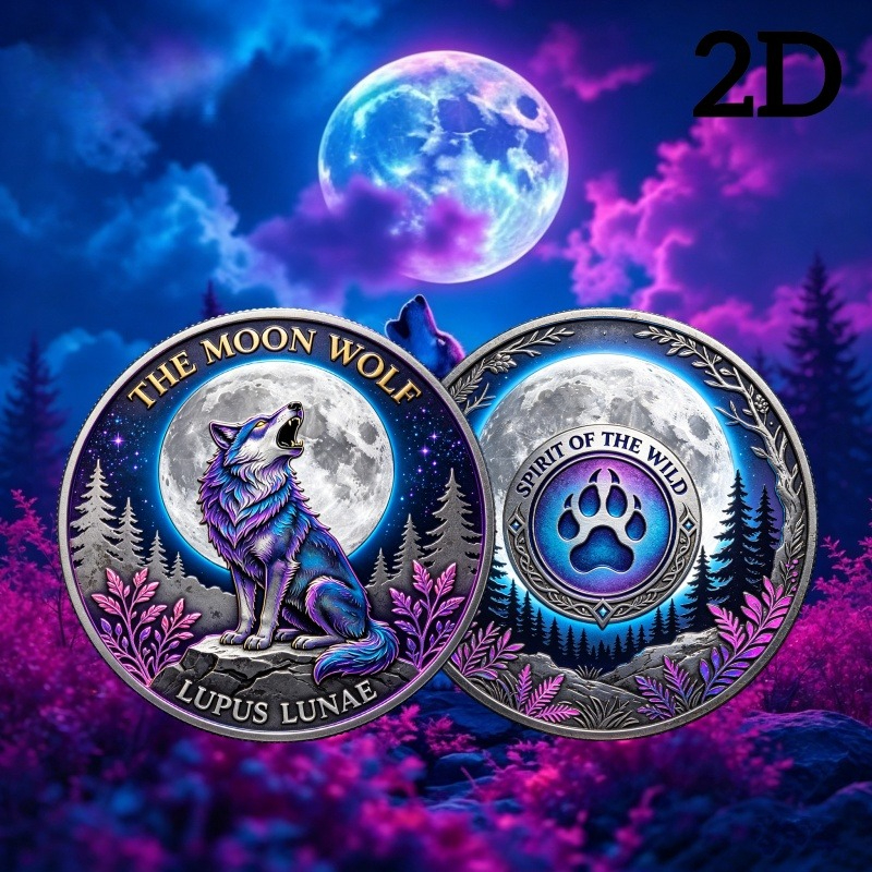 TEMU 1pc, 2d Neon Wolf Howl Themed Commemorative Coin, Wolf Relief Collectible Coin, Vintage Distressed Craft Alloy Material, Suitable For Fantasy