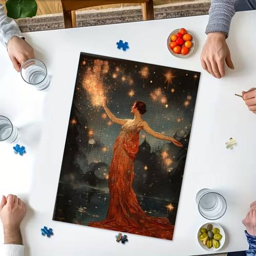 1 коробка 1000 шт. пазл для 14+, елегантна у червоній сукні з іскристими вогниками, головоломка, портативний прямокутний настільний , подарунок на та день святого , для 14+