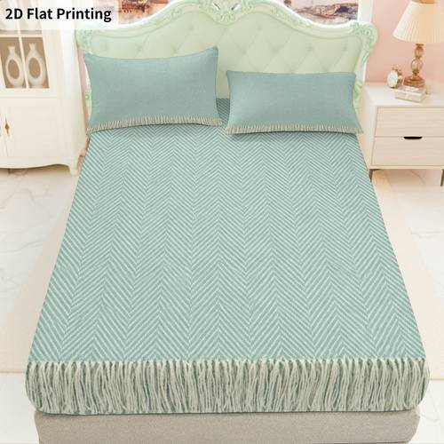 item picture 2D Flat Print 3pcs Chevron Fringe Fitted Sheet Set, 1 Fitted Sheet And 2 Pillowcases, Pillow Insert Not Included, Sea Glass Herringbone Soft