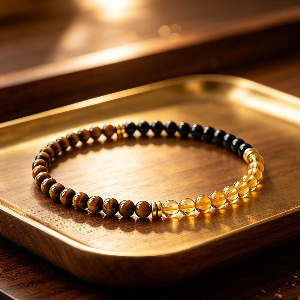 Natural Tiger Eye & Citrine Round Bead Bracelet, Prosperity Theme
