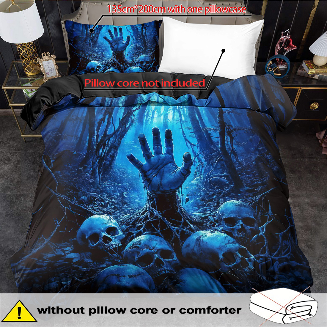 E-shop 2/3-teiliges Bettbezug-Set, Bettbezug-Set mit geheimnisvollem Skelett-Druck, Bettwäsche im King-Queen-Stil, maschinenwaschbares Polyester,