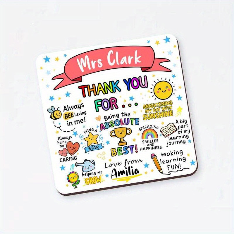 TEMU 1pc Custom Wooden Coaster, Personalized Teacher Coaster - Thank You Gift For Him - End Of Year Gift For Students - Cute Colorful Teacher