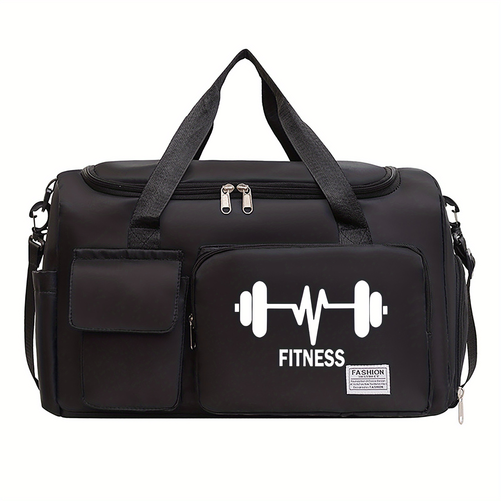 TEMU Large Capacity Fitness Duffel Bag - Dumbbell Print, Multifunctional Gym And Sports Tote With Wet/dry Compartment, Lightweight Nylon, Double Handles, Black, Gym Accessorie