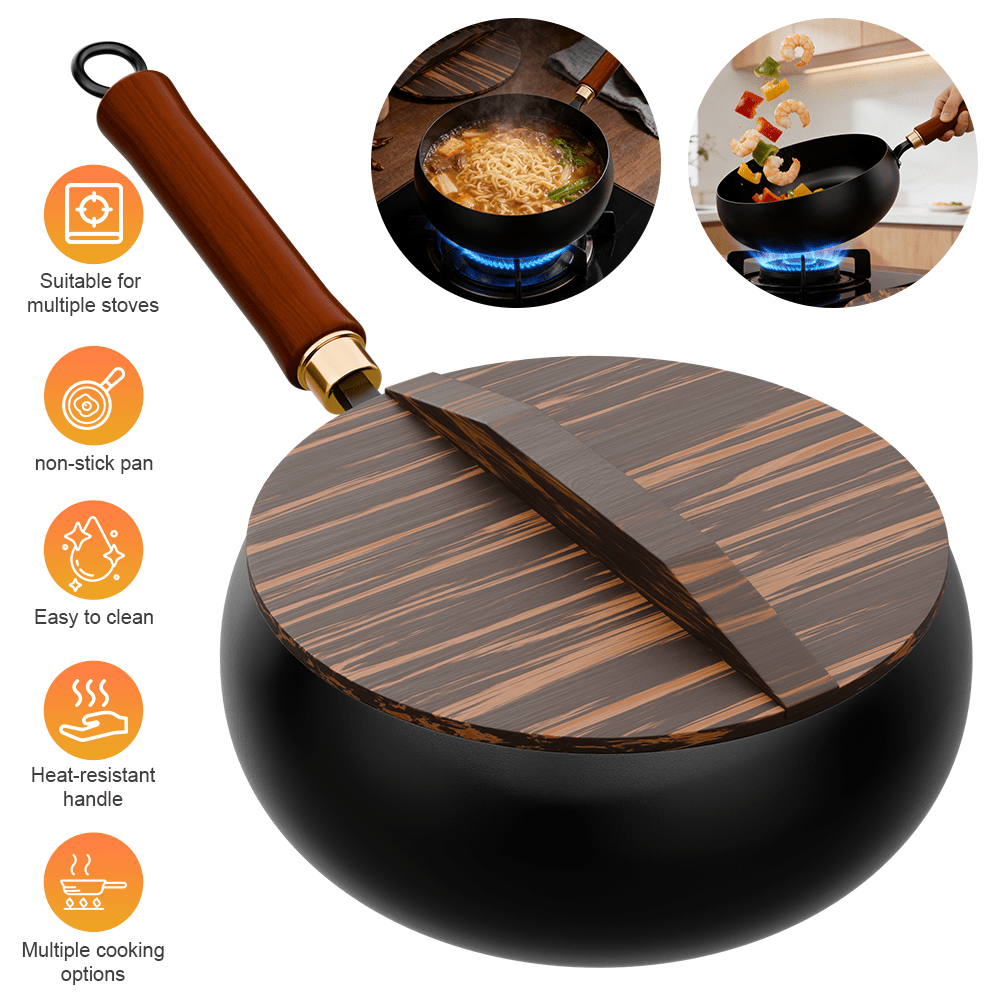 TEMU 28cm Wok Pan With Wooden Lid, Deep-body Cooking Pot With Heat-resistant Wooden Handle, Heavy-duty Multifunctional Cookware Compatible With Gas
