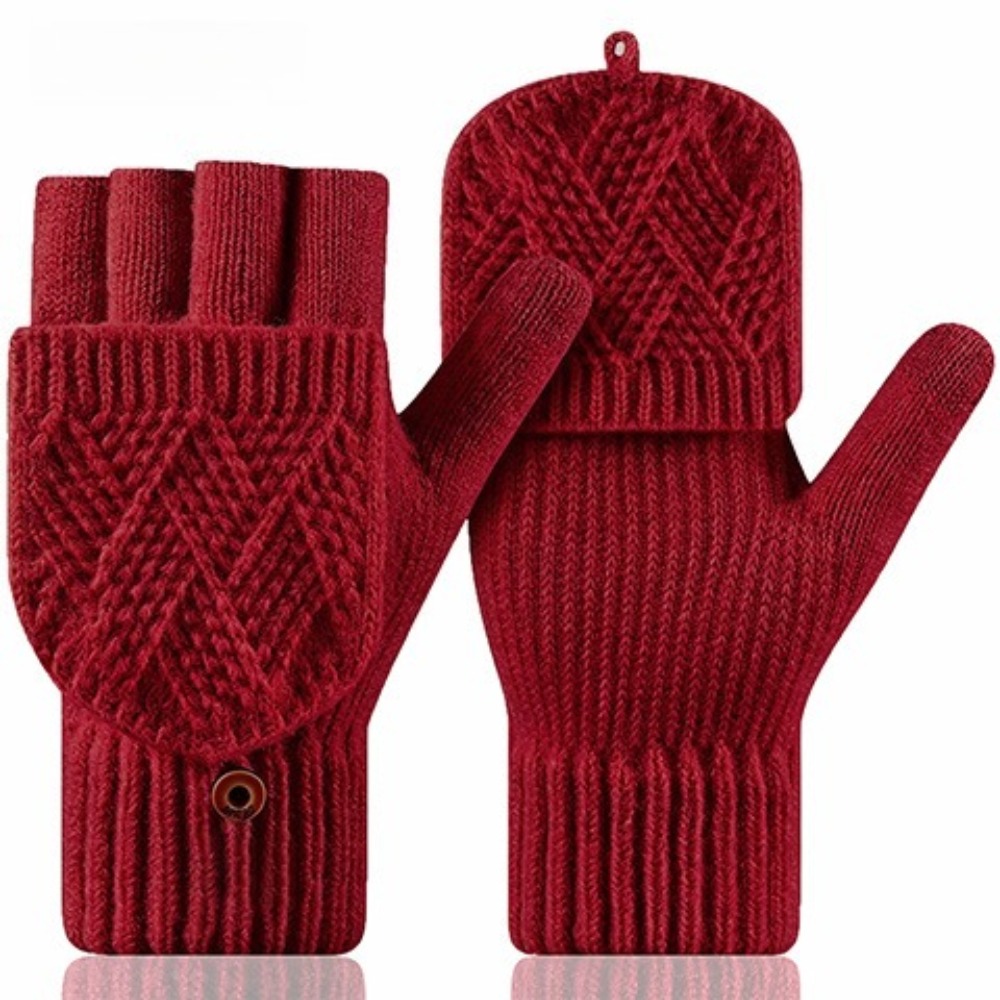 TEMU Winter Adult Half-finger Gloves Warm Flip Rhombus Gloves Cold-proof Thickened Velvet Cold-proof Non-slip Gloves
