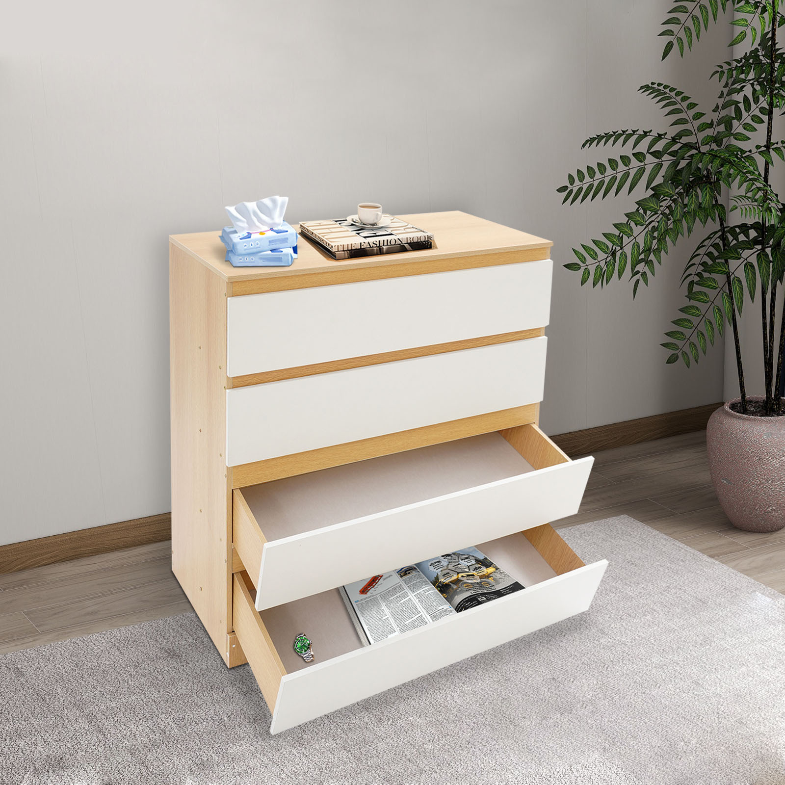 изображение предмета комод 4 ящика, 4 этажа, 80 см, деревянный комод для хранения в спальне, шкаф, дуб,