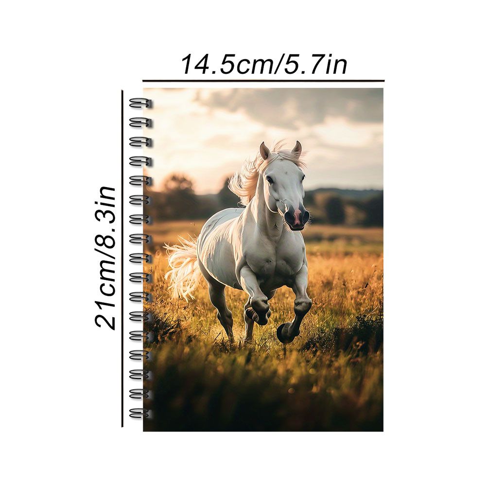 TEMU 1pc, Realistic White Horse Running In , Spiral Notebook, Dynamic Equestrian Photography Cover, X 14.5cm Compact Size, Daily Journaling And