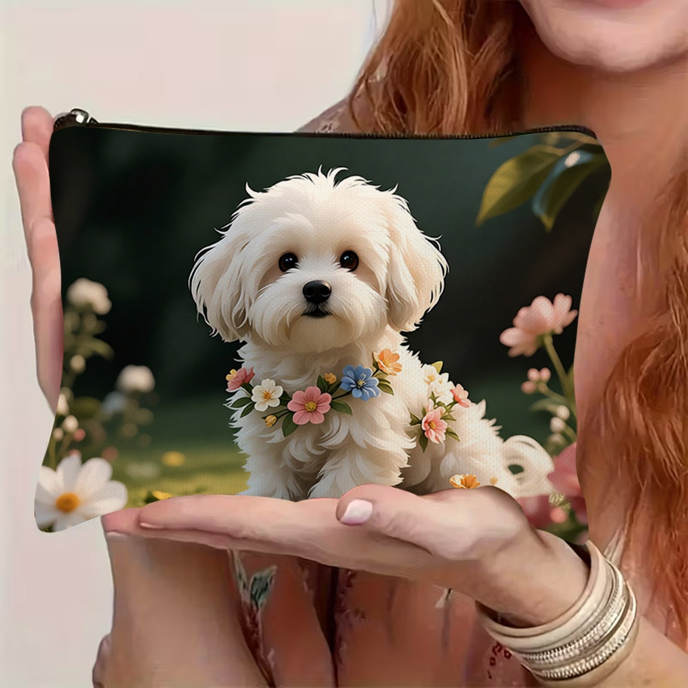 TEMU 1 Cute Maltese Dog Floral Makeup Bag With Zipper Closure, Portable Cosmetic Organizer, Travel Toiletry Bag For Women, Christmas And Halloween