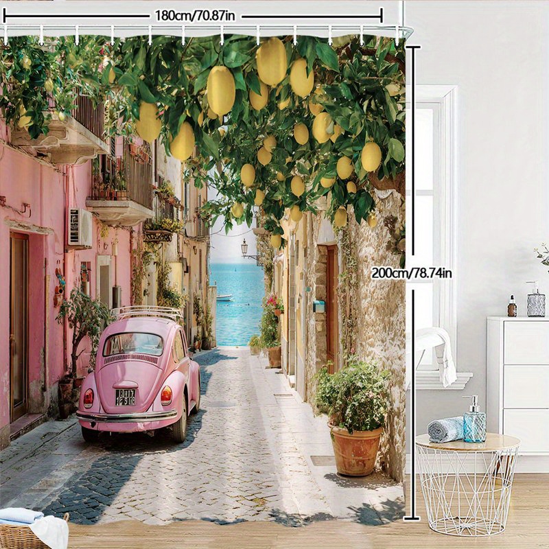 TEMU 1pc Mediterranean Shower Curtain - Retro Travel Bathroom Decor With Lemons, Pink Beetles, Cobblestone Street & Trees Design, Machine Washable