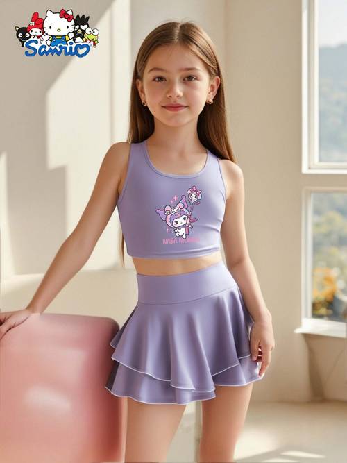 girls printed yoga tank top and unique double layer skirt set sporty shorts outfit for summer casual wear activities outdoor