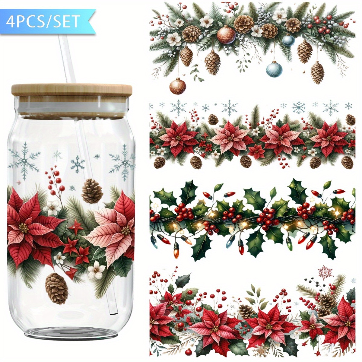Image of Set Of 4 Christmas Dtf Vinyl Sheets, Waterproof Transfer Paper Designed For 16 Oz Glass Jars, , High-quality Decorative Paper