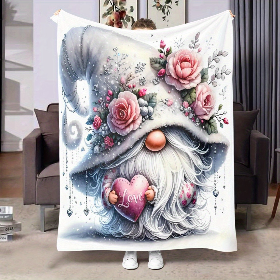 

1pc "love" Blanket - Polyester Flannel Throw With Floral & For Sofa, Bed, Room Decor - Ideal Valentine's & Christmas Gift, Cozy Blanket, Sofa Throw| Design| Throw, Wearable Blanket