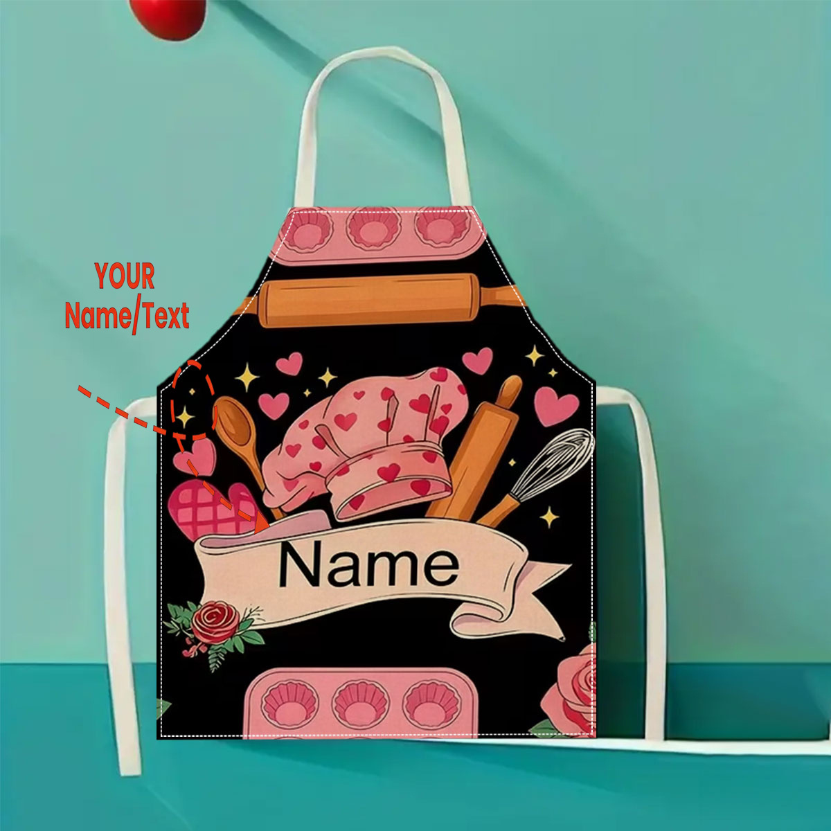 TEMU 1pc 2d Flat Custom Name/text And Chef Apron With Utensils And Hearts Print - Suitable For Baking, Cooking Gifts, Or, Apron For Chefs, Baking