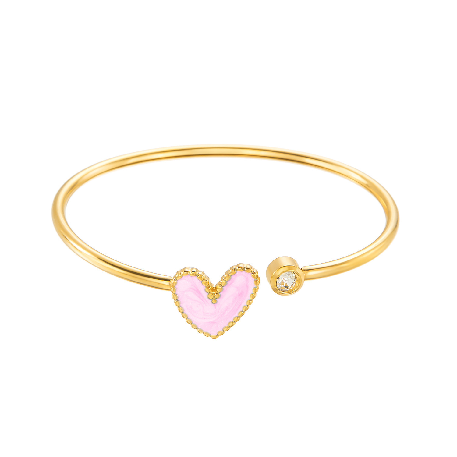 Bridesmaid Proposal Heart Bracelet - Delicate Golden Enamel Cuff Bangle For Bridal Party Wedding Favor. 18k Golden Plated Open Bracelet With Cubic Zirconia