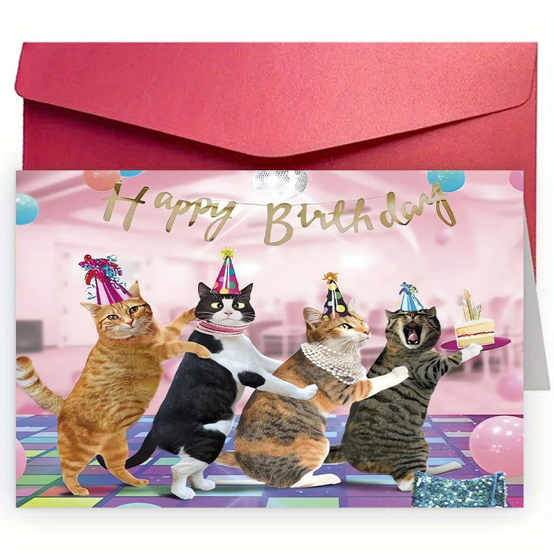 TEMU 1pc, "cat's Birthday Party" Humorous Birthday Card With Envelope, Perfect For Pet Owners, Cat/dog Lovers, , Parents, And Daughters, Wishing Best