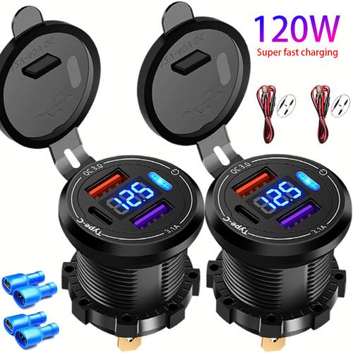 item picture 120w charger 3 port quick charger with safety switch display compatible with 12v 24v suitable for cars motorcycles trucks rvs and boats compatible with iphone 15 14 13 12 11 galaxy etc