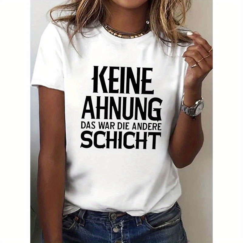 

German Piece Print T-shirt, Short Sleeve Crew Neck Casual Top For Summer & Spring, Women's Clothing