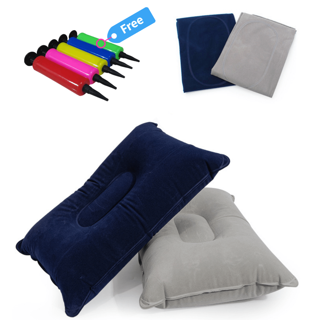 Image of 2 Pack Foldable Inflatable Travel Pillows - Ultra Soft Plush Neck Pillow Airplane Car Camping, Portable Pump Included (gray & Purple)