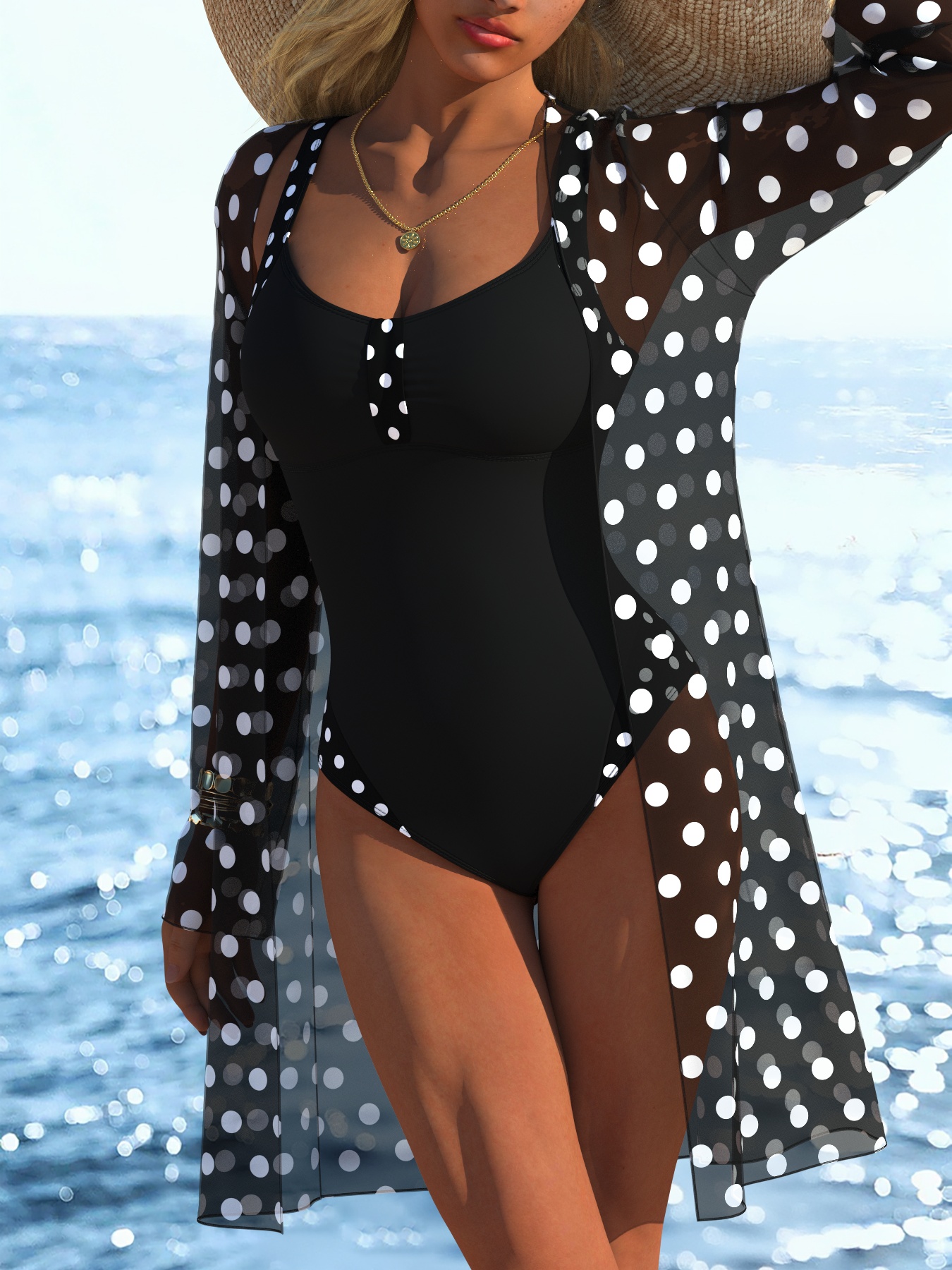 Women's Thick Shoulder Strap Polka Dot Printed One-Piece Swimsuit